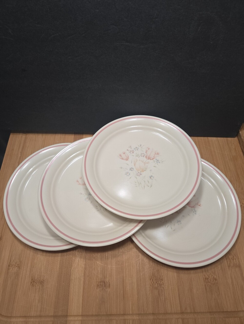 Four Corelle French Garden Luncheon Plates, beige pink watercolor tulips